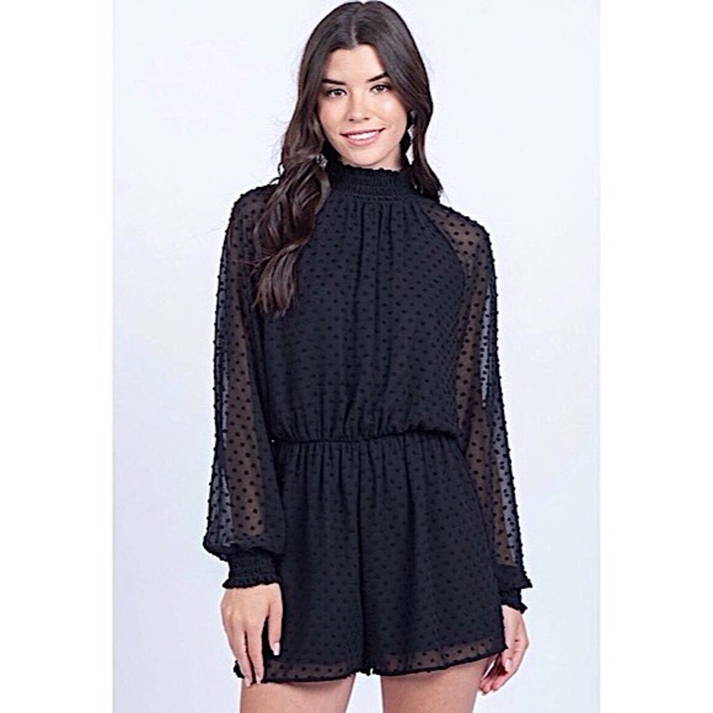 Everly Black Sheer Long Sleeve Mock Neck Romper